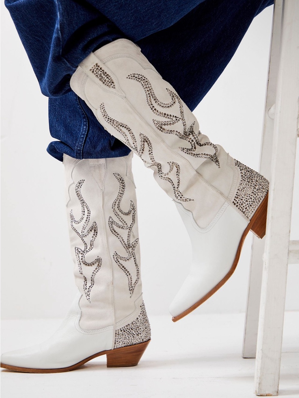 Free People White Embellished Western Knee-High Boots - Picture 1 of 1
